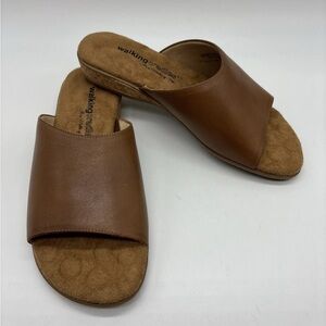 Walking Cradles Women's Cam Leather Flat Footbed Slide Sandal Size 8W Tan
